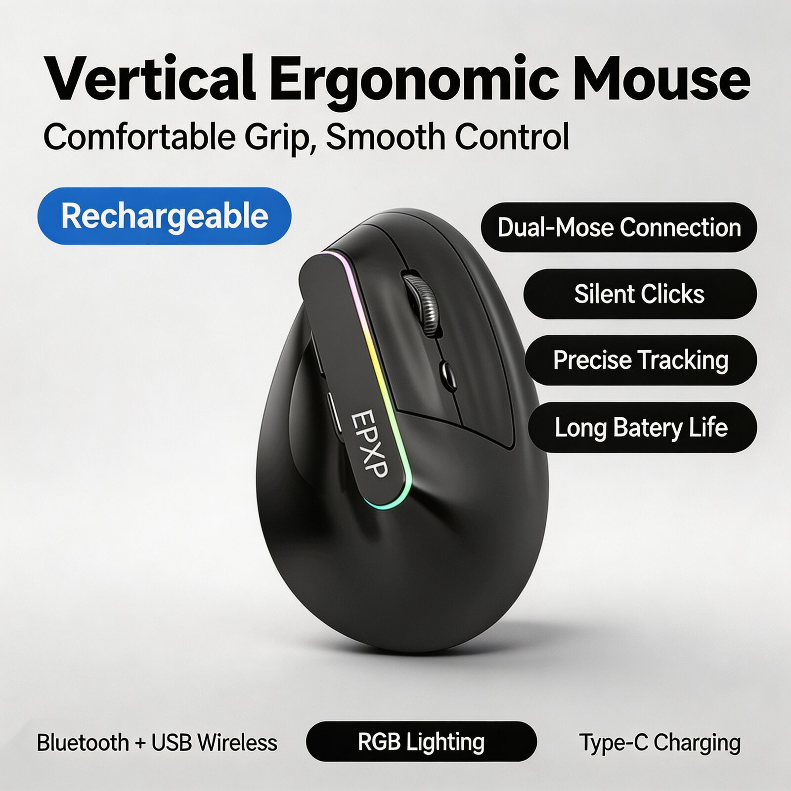 Ergonomic Mouse 2.4G Silent Click - เมาส์แนวตั้งตามหลักสรีรศาสตร์ บลูทูธ 5.0 และไร้สาย 2.4G ปรับ