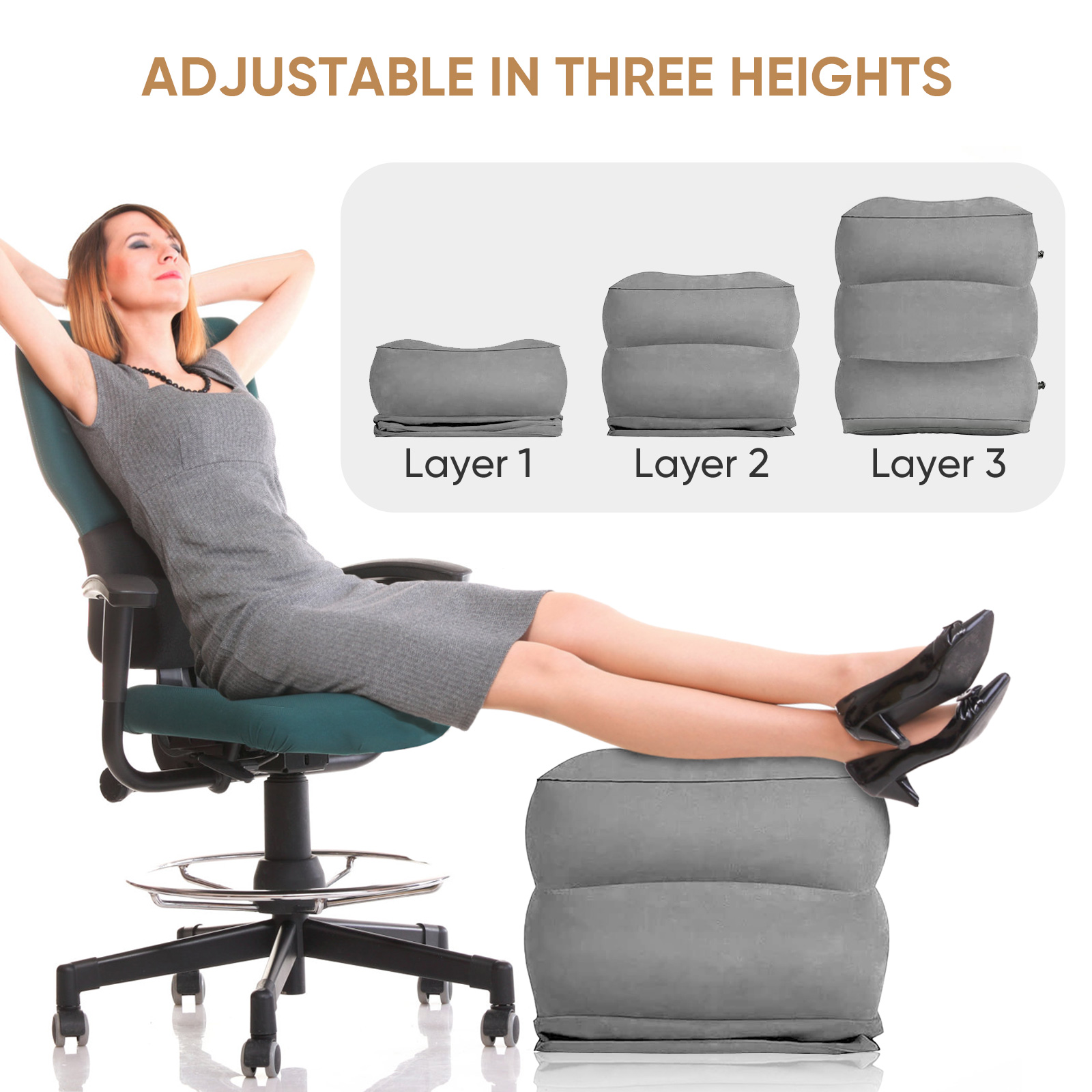 Ergonomic Footrest Adjustable - ที่วางเท้าบนเครื่องบิน หมอนรองเท้าสำหรับเดินทาง ที่วางเท้าแบบพองลมสำหรับเครื่องบิน ปรับความสูงได้ 3 ชั้น