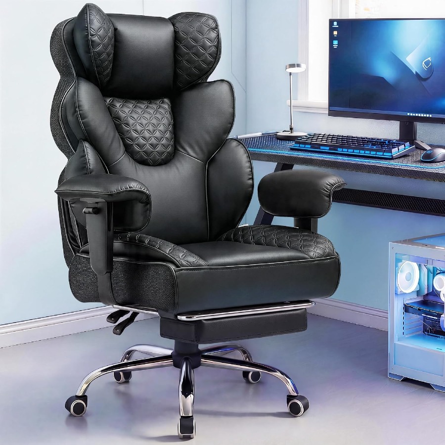 Ergonomic Footrest Adjustable - เก้าอี้เกมมิ่งขนาดใหญ่พิเศษและสูงพิเศษ เก้าอี้สำนักงานแบบปรับสรีระ แข็งแรงทนทาน เก้าอี้สไตล์เรซซิ่ง พร้อมหมอนรองหลังปรับได้และที่พักเท้า 150