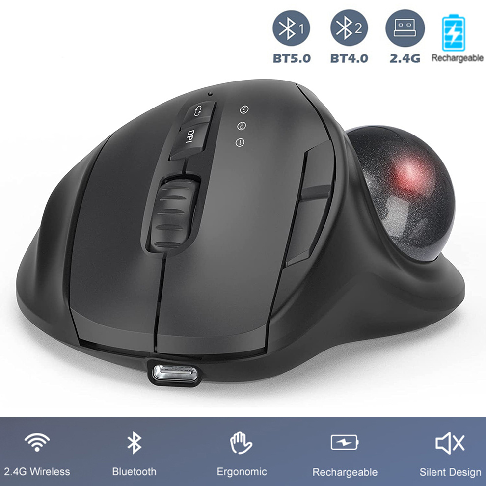 Ergonomic Mouse Trackball Thumb - Jomaa สีดํา 2.4G + บลูทูธไร้สาย Trackball