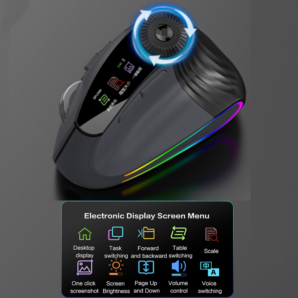 Vertical Mouse Rechargeable Bluetooth - JOMAA แบ็คไลท์บลูทูธไร้สายแนวตั้งเมาส์ OLED หน้าจอ USB แบบชาร์จไฟได้เมาส์สำหรับเล่นเกมแบบมีสาย