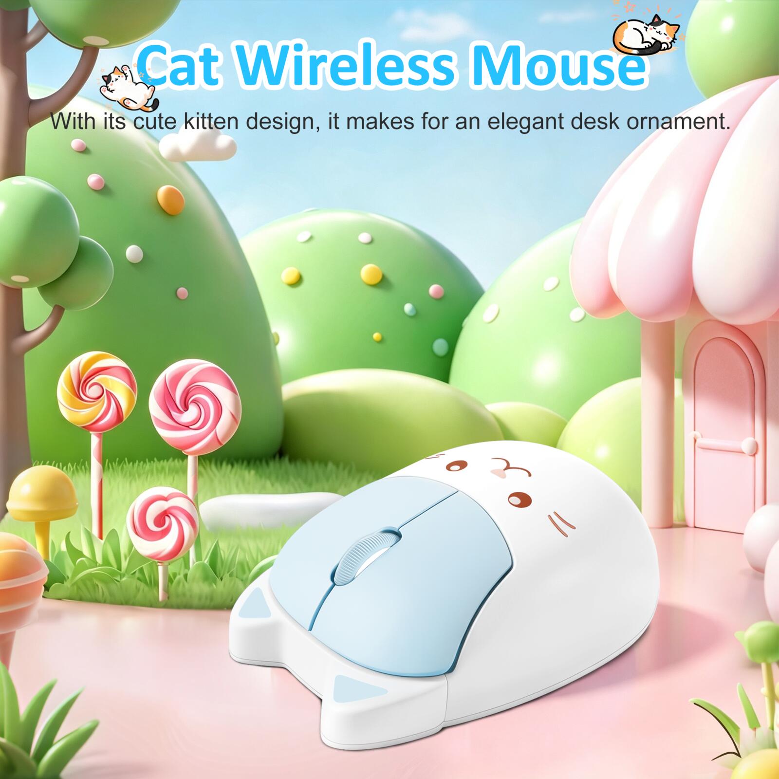 Ergonomic Mouse 2.4G Silent Click - เมาส์ไร้สายรูปทรงแมวน่ารัก 2.4G บลูทูธ โหมดคู่ คลิกเงียบ ออกแบบตามหลักสรีรศาสตร์