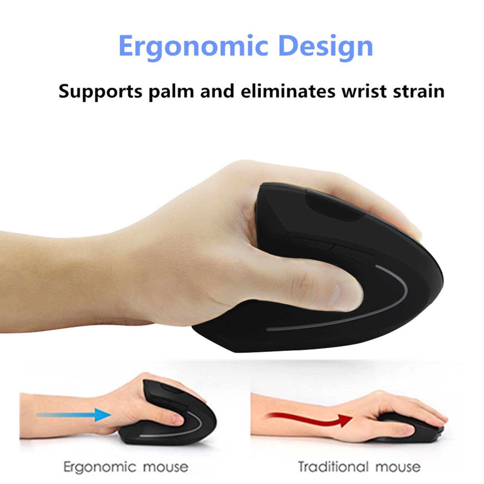 Vertical Mouse Left Handed - เมาส์แนวตั้งแบบมีสายและไร้สายสำหรับมือซ้าย ออกแบบตามหลักสรีรศาสตร์ ชาร์จได้ 1600DPI เมาส์สำหรับสำนักงาน พร้อมไฟ