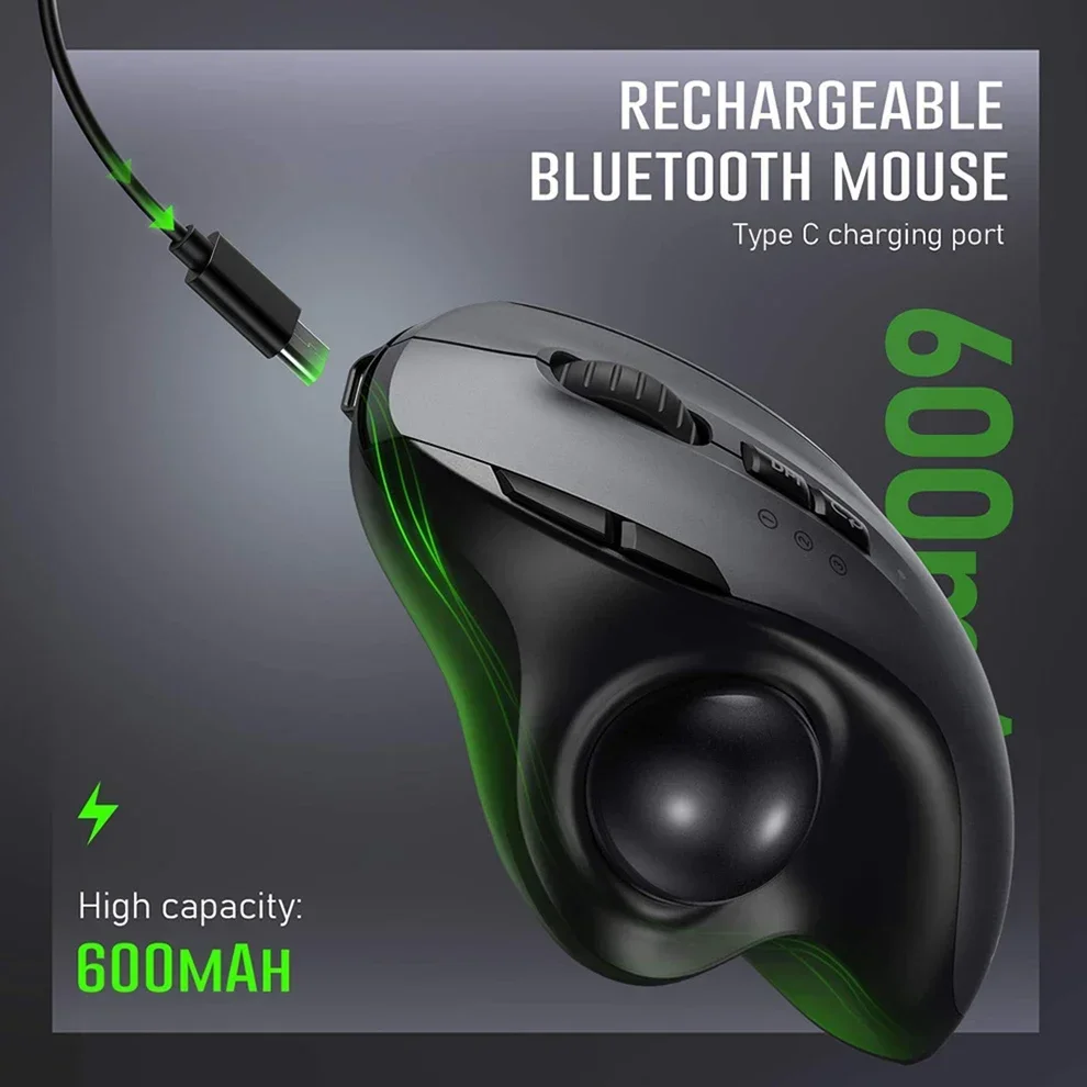 Ergonomic Mouse Trackball Thumb - เมาส์แบบไร้สายที่มีลูกบอลควบคุม, ออกแบบตามหลักสรีรศาสตร์, ชาร์จไฟได้, ควบคุมด้วยนิ้วหัวแม่มือ, รองรับการเชื่อมต่อผ่านบลูทูธกับอุปกรณ์หลายเครื่อง, เชื่อมต่อผ่าน