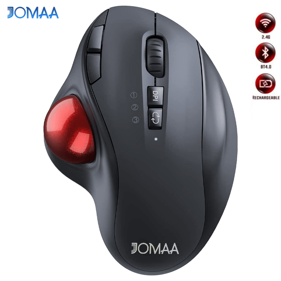 Ergonomic Mouse Trackball Thumb - เมาส์แทร็กบอลไร้สาย JOMAA, ชาร์จซ้ำได้ ออกแบบตามหลักสรีรศาสตร์, ควบคุมด้วยนิ้วหัวแม่มือได้ง่าย, การติดตามที่แม่นยำและราบรื่น,