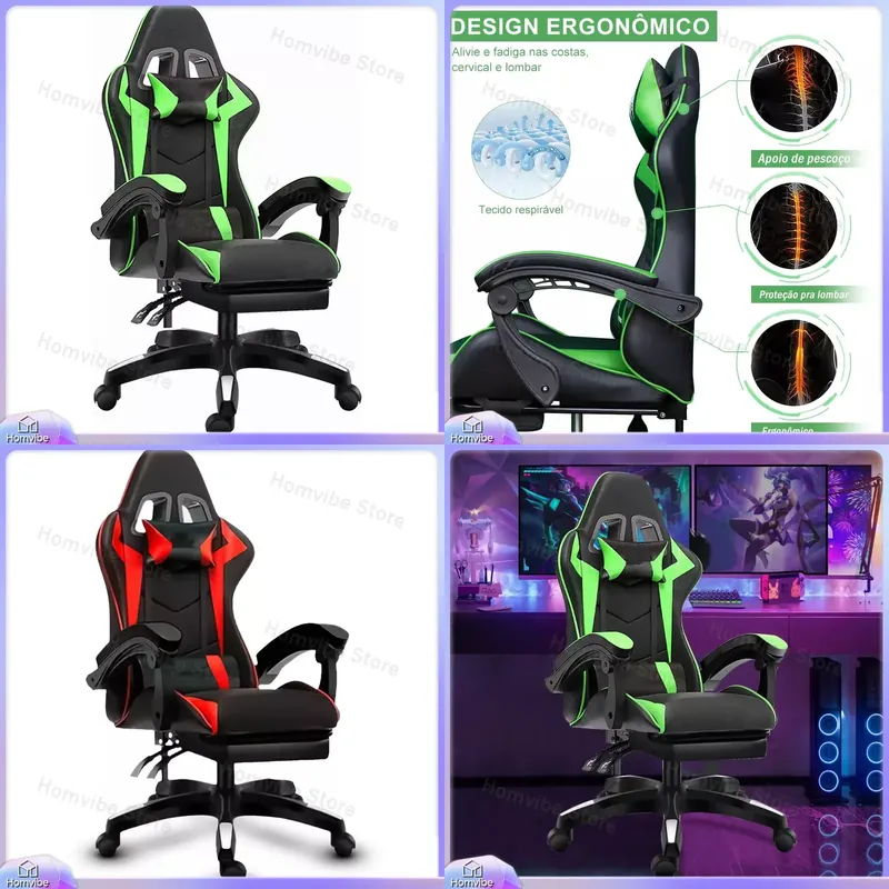 Ergonomic Footrest Adjustable - เก้าอี้เล่นเกมตามหลักสรีรศาสตร์พนักพิงสูงพร้อมที่วางเท้า เก้าอี้สำนักงานปรับเอนได้สำหรับนักเล่นเกมพีซี เก้าอี้โต๊ะคอมพิวเตอร์ เก้าอี้แข่งรถ